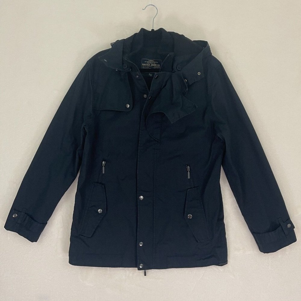 Nautica Jeans Coat Type N-3 Navy Blue Canvas Lined Jacket Snap Zip Men's Size S